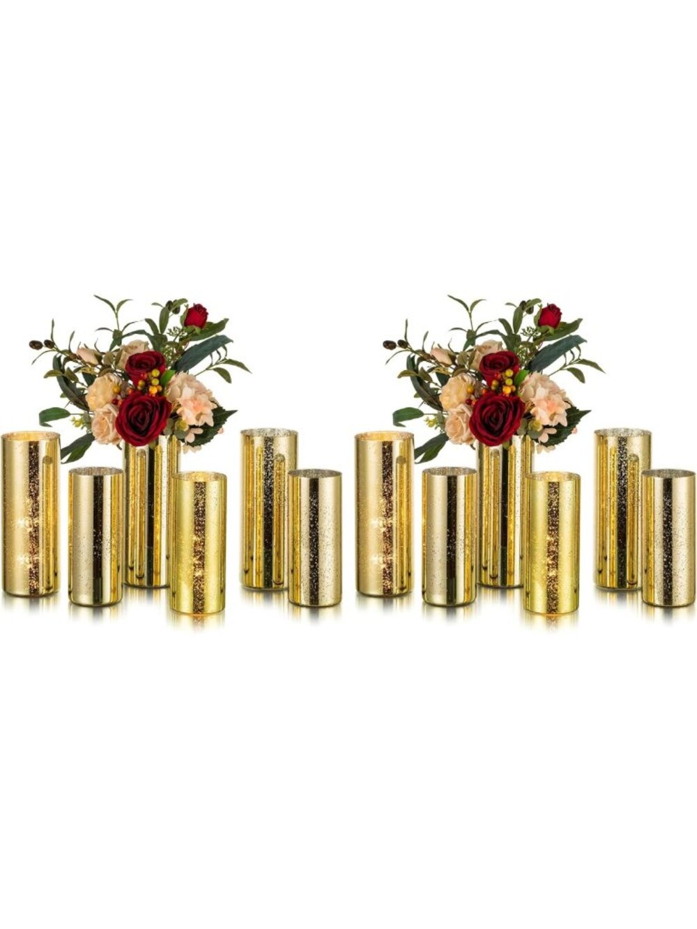 Elegant Mercury Glass Hurricane Candle Holders - 12PC Gold Vases for Home Decor